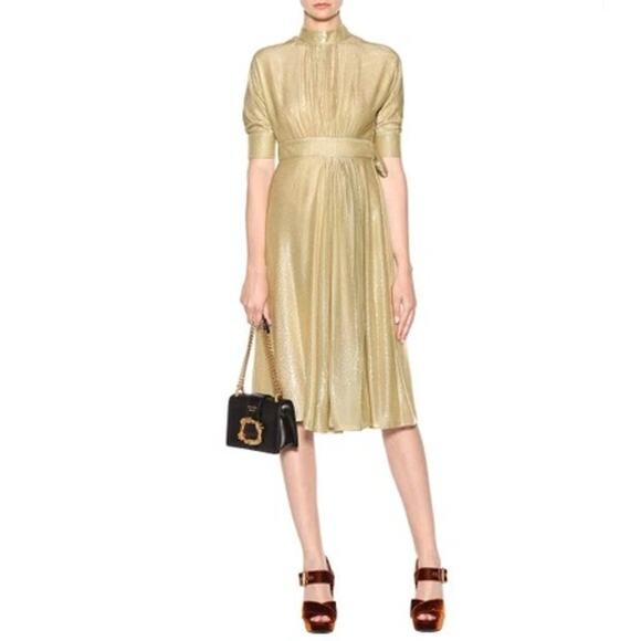 PRADA Lamé Silk Blend Dress in Gold Midi 3/4 Sleeves Runway Designer IT 44/ US 8 - Picture 12 of 16